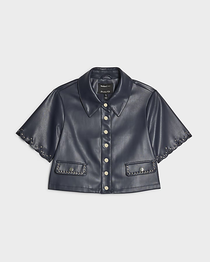 Navy Faux Leather Scallop Trim Studded Top