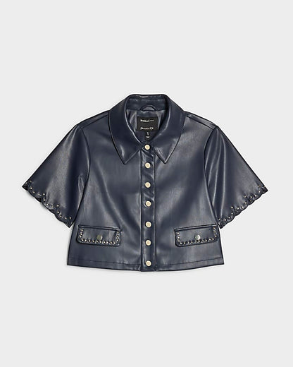 Navy Faux Leather Scallop Trim Studded Top