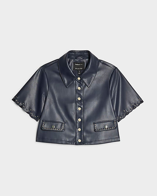 Navy Faux Leather Scallop Trim Studded Top