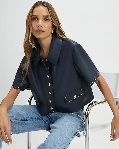 Navy Faux Leather Scallop Trim Studded Top