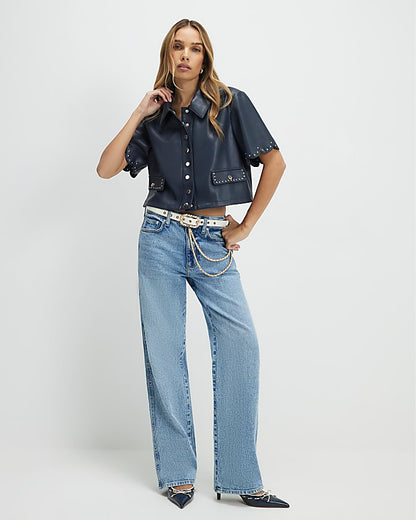 Navy Faux Leather Scallop Trim Studded Top