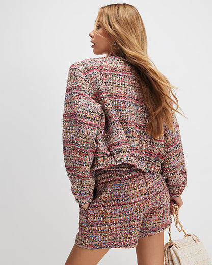 Red Boucle Cropped Bomber Jacket