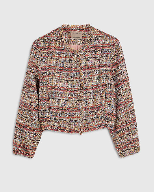 Red Boucle Cropped Bomber Jacket