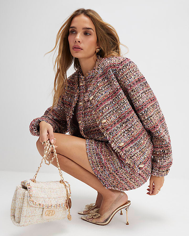 Red Boucle Cropped Bomber Jacket