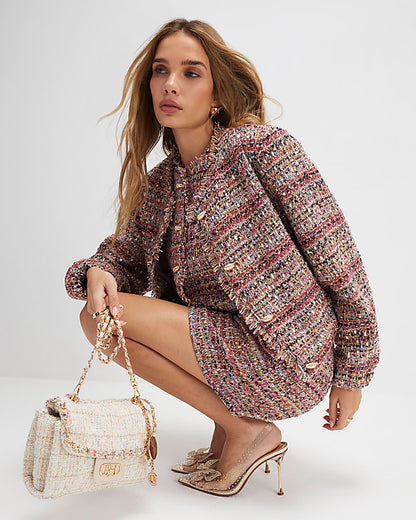 Red Boucle Cropped Bomber Jacket