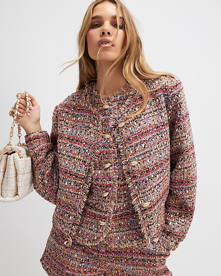 Red Boucle Cropped Bomber Jacket