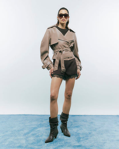 Beige Faux Leather Belted Trench Jacket