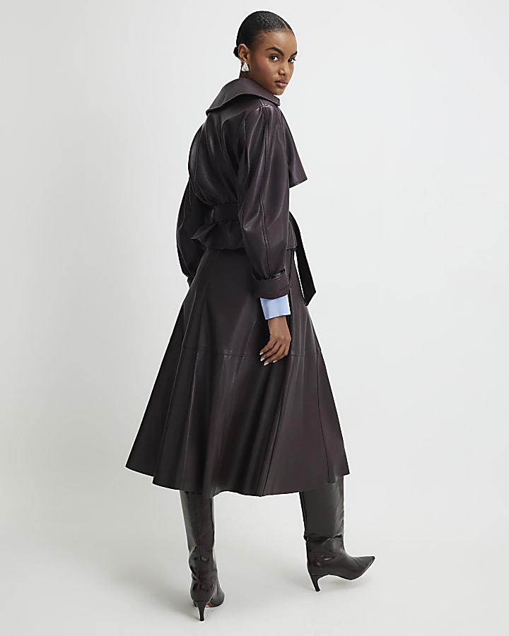 Red Faux Leather Full Circle Midi Skirt | River Island