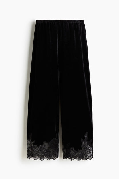 Lace-trimmed velour trousers