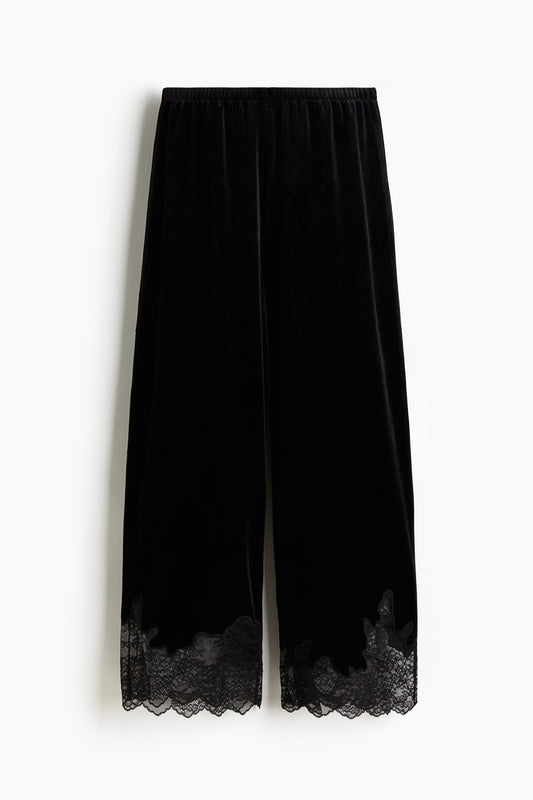 Lace-trimmed velour trousers