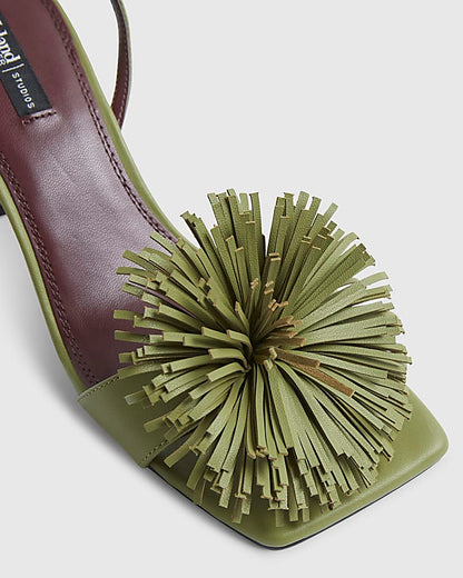 Green RI Studio Leather Pom Pom Heeled Sandal