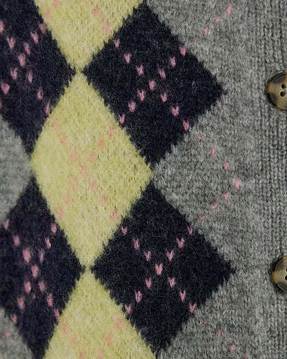 Grey Long Sleeve Argyle Print Cardigan