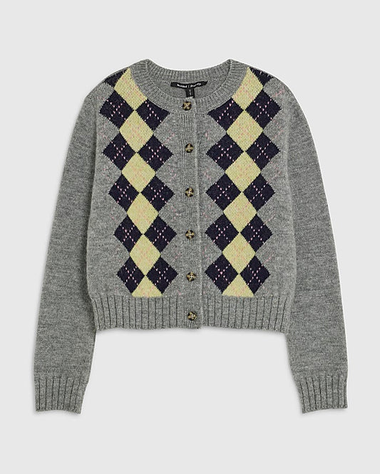 Grey Long Sleeve Argyle Print Cardigan