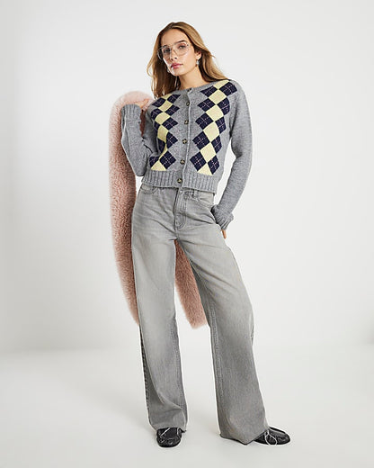 Grey Long Sleeve Argyle Print Cardigan