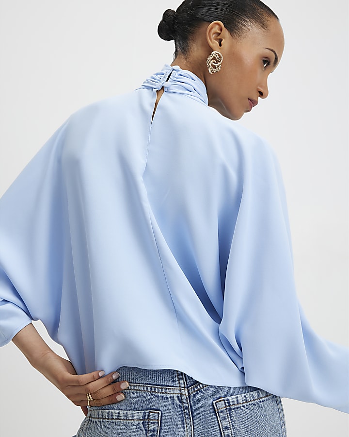 Blue Batwing Sleeve Pussybow Blouse
