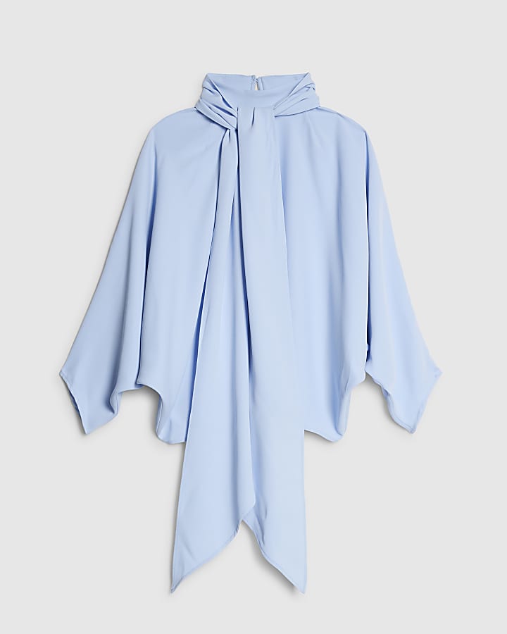 Blue Batwing Sleeve Pussybow Blouse