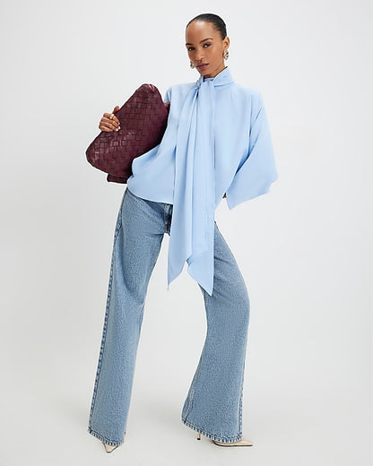 Blue Batwing Sleeve Pussybow Blouse