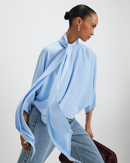 Blue Batwing Sleeve Pussybow Blouse