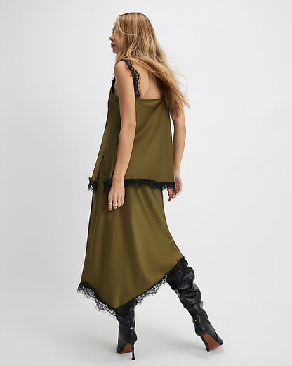 Khaki Satin Lace Trim Midi Skirt