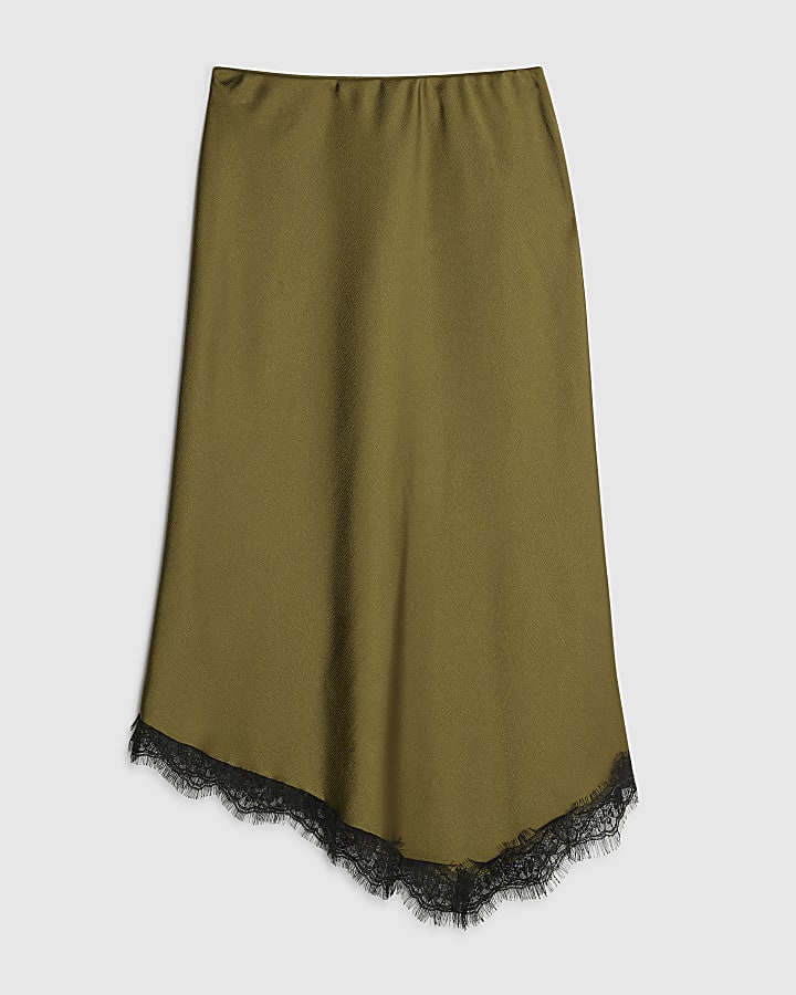 Khaki Satin Lace Trim Midi Skirt