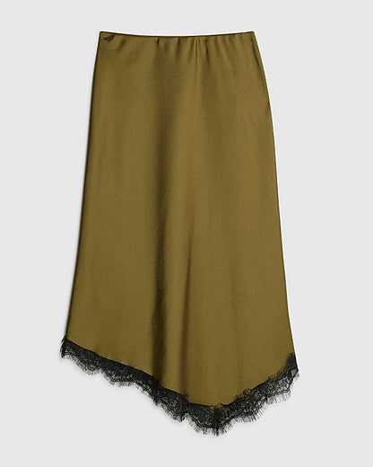 Khaki Satin Lace Trim Midi Skirt