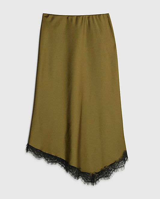 Khaki Satin Lace Trim Midi Skirt