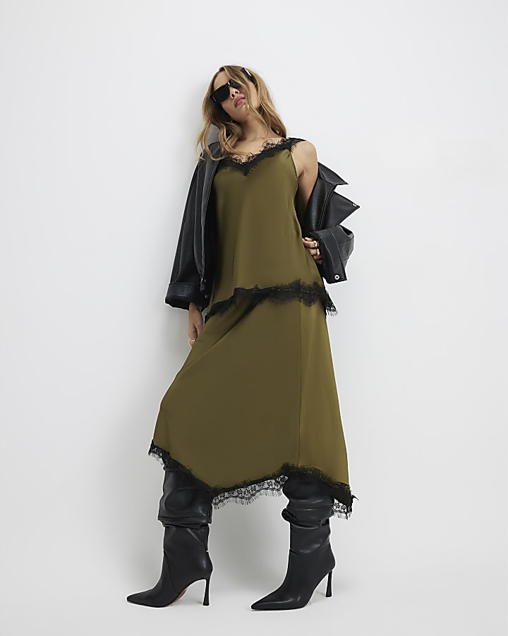 Khaki Satin Lace Trim Midi Skirt