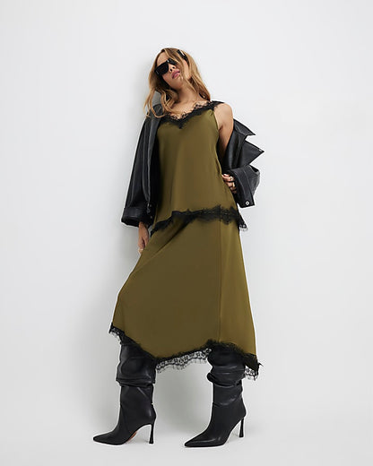 Khaki Satin Lace Trim Midi Skirt