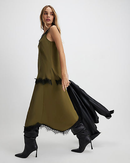 Khaki Satin Lace Trim Midi Skirt