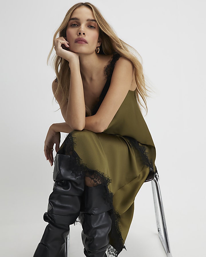 Khaki Satin Lace Trim Midi Skirt