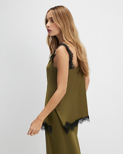 Khaki Longline Lace Trim Cami Top