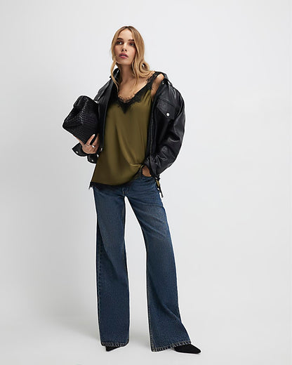 Khaki Longline Lace Trim Cami Top