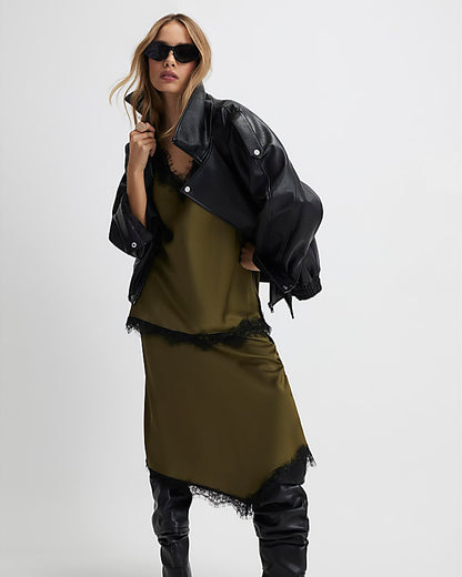 Khaki Longline Lace Trim Cami Top