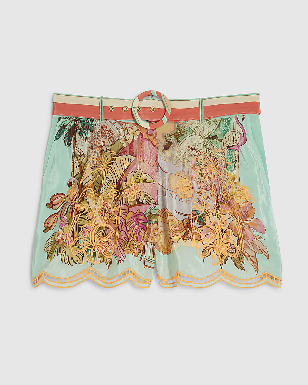 Green Belted Embroidered Cutwork Shorts
