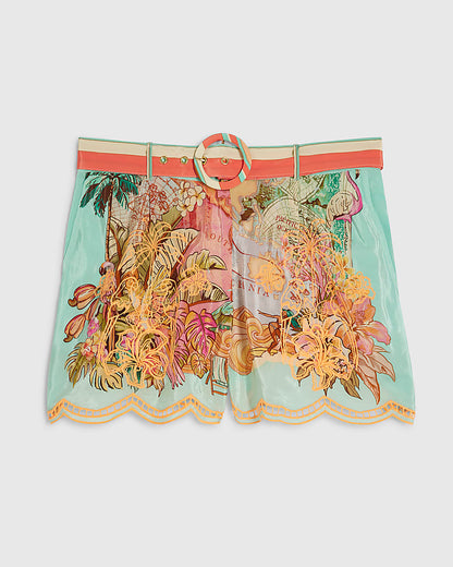 Green Belted Embroidered Cutwork Shorts