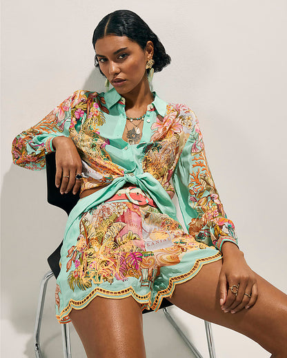 Green Belted Embroidered Cutwork Shorts