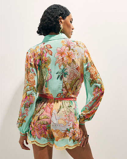 Green Tie Front Embroidered Cutwork Shirt