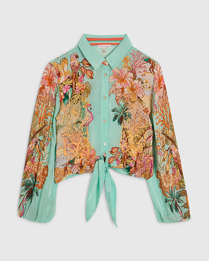 Green Tie Front Embroidered Cutwork Shirt