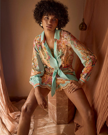 Green Tie Front Embroidered Cutwork Shirt