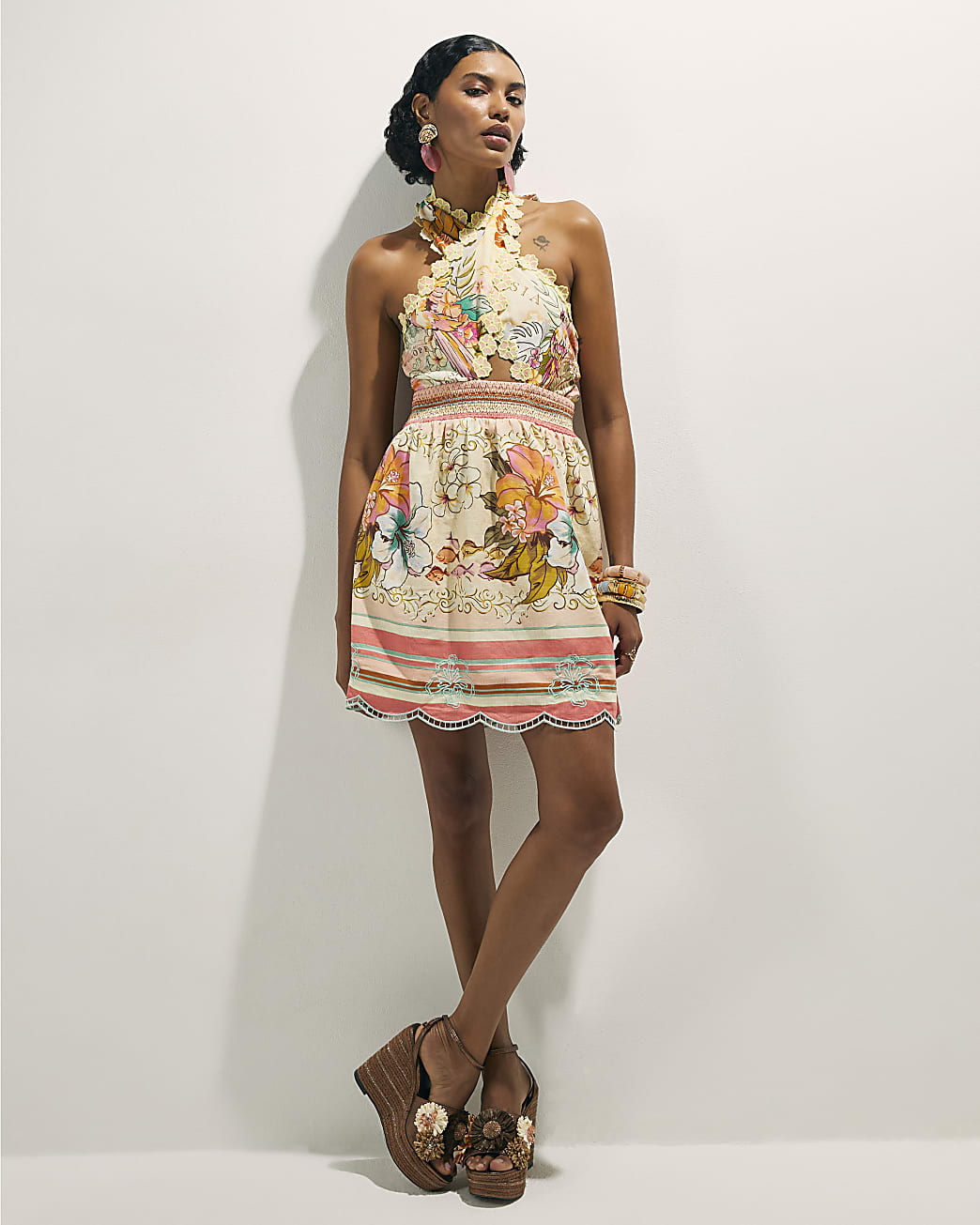 Pink Floral Halter Neck Crochet Mini Dress