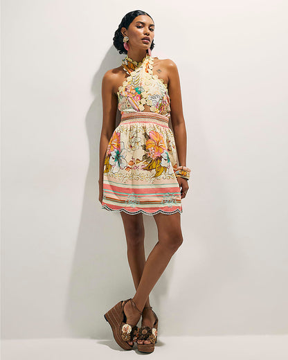 Pink Floral Halter Neck Crochet Mini Dress