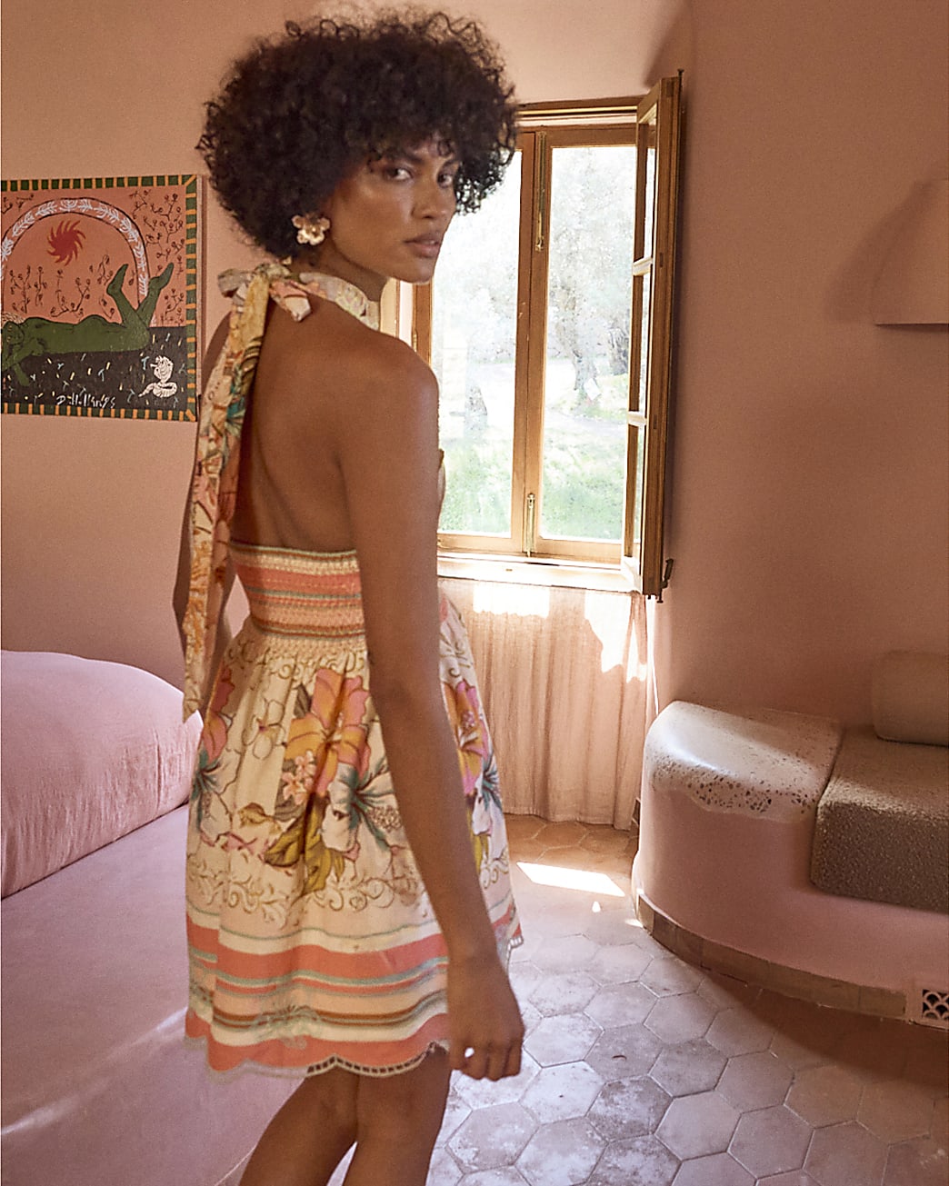 Pink Floral Halter Neck Crochet Mini Dress