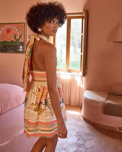 Pink Floral Halter Neck Crochet Mini Dress