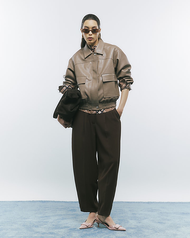 Beige Textured Faux Leather Bomber Jacket | River Island