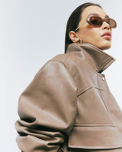 Beige Textured Faux Leather Bomber Jacket | River Island