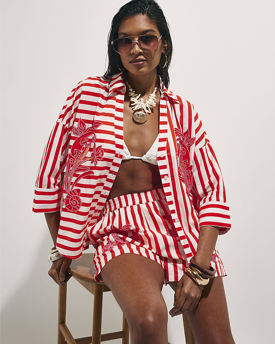 Red Stripe Beaded Shirt