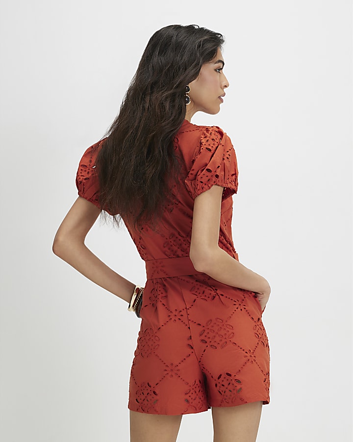 Orange Poplin Broderie Cutwork Playsuit