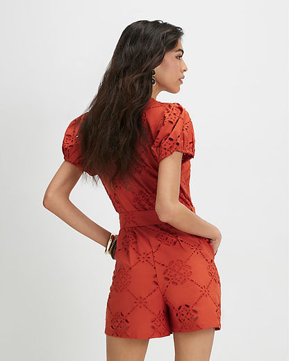 Orange Poplin Broderie Cutwork Playsuit