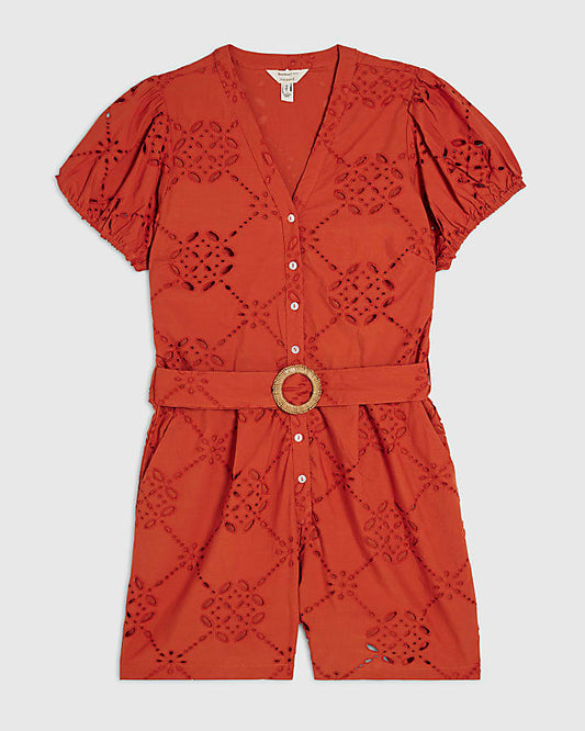 Orange Poplin Broderie Cutwork Playsuit