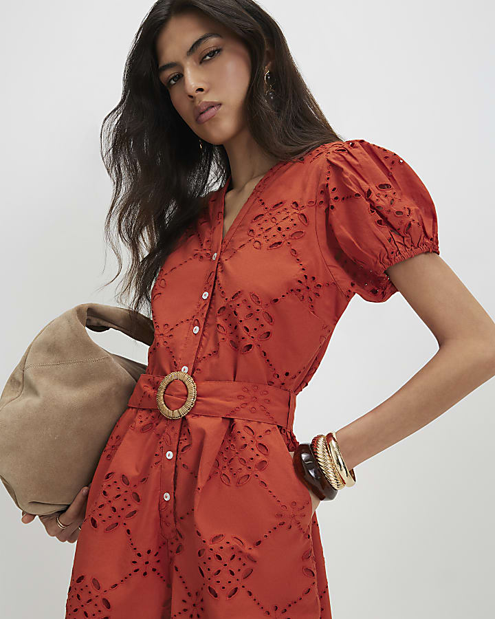 Orange Poplin Broderie Cutwork Playsuit